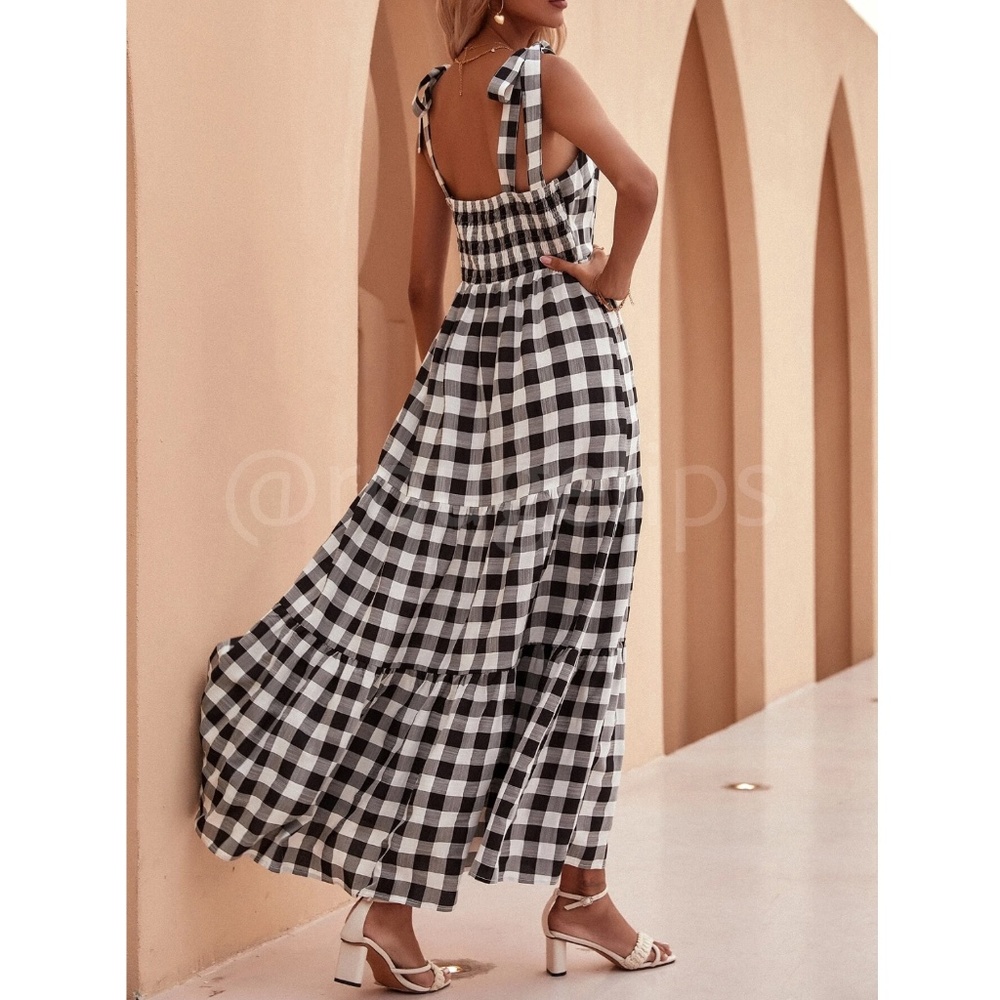Gingham Dress Black White Plaid Checker Grid Maxi Long Tie Straps Flowy - Picture 2 of 7